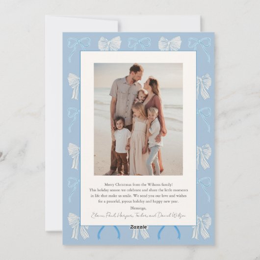 Bow Ho Ho Blauwe Strikken Foto Kerstmis Feestdagenkaart (Achterkant)