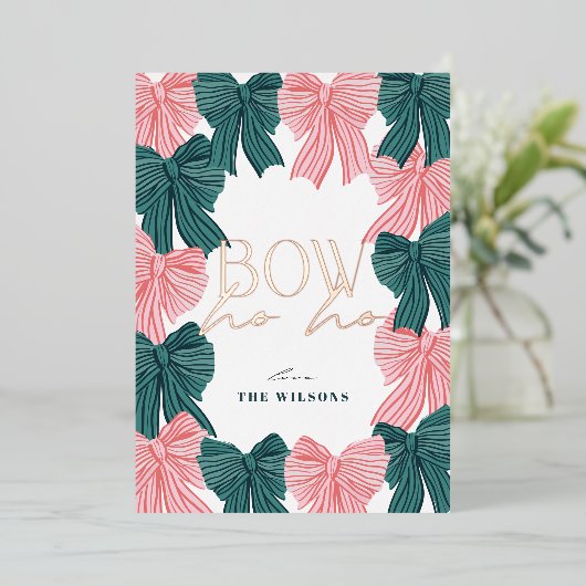 Bow Ho Rood & Groene Bogen Kerst Folie Feestdagenkaart (Staand Voorkant)