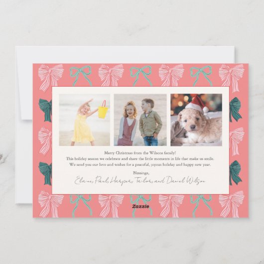 Bow Ho Rood & Roze Bogen 3 Foto Kerstmis Feestdagenkaart (Achterkant)