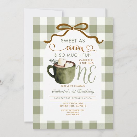 Bow Hot Cocoa 1e verjaardag Sage Green Gingham Kaart (Voorkant)