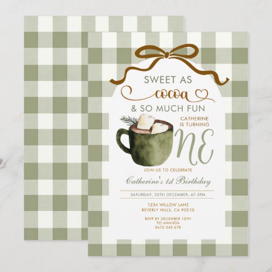 Bow Hot Cocoa 1st birthday Sage Green Gingham Kaart (Voorkant / Achterkant)