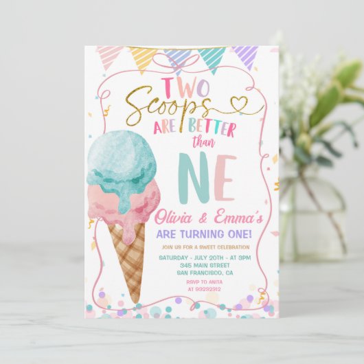 Bow Ice Cream Two Scoops Twin Girls Verjaardagsfee Kaart (Staand voorkant)