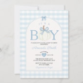 Bow It's A Boy Pumpkin Baby Shower Blue Gingham Kaart (Voorkant)