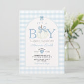 Bow It's A Boy Pumpkin Baby Shower Blue Gingham Kaart (Staand voorkant)