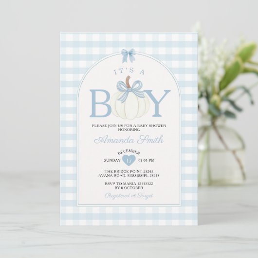 Bow It's A Boy Pumpkin Baby Shower Blue Gingham Kaart (Staand voorkant)