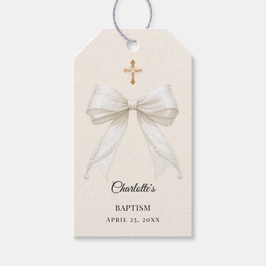 Bow ivory pearls Baptism DIY Cadeaulabel (Voorkant)