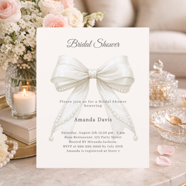 Bow ivory pearls elegant Bridal Shower invitation (Creator heeft geüpload)