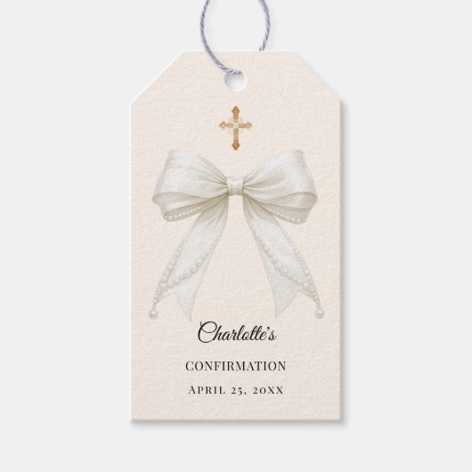 Bow ivory pearls girl Confirmation DIY Cadeaulabel (Voorkant)