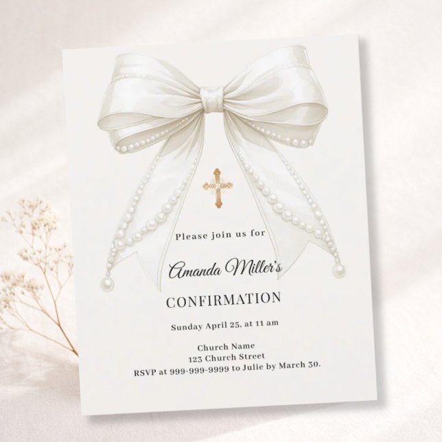 Bow ivory pearls girl Confirmation invitation (Creator heeft geüpload)