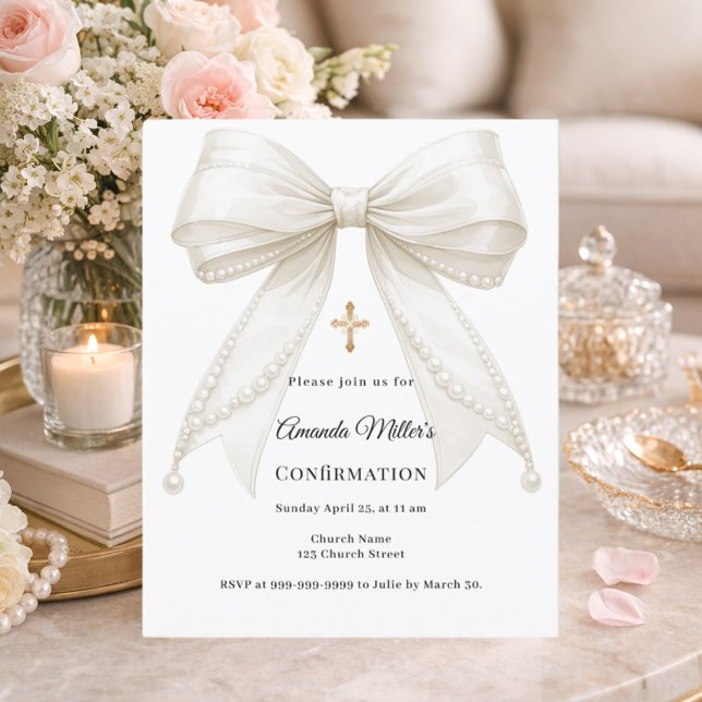 Bow ivory pearls girl Confirmation invitation (Creator heeft geüpload)