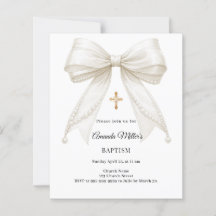 Bow Ivory Pearls Girl Elegant Baptism invitation