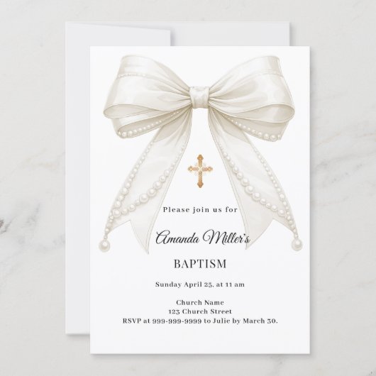 Bow Ivory Pearls Girl Elegant Baptism Kaart (Voorkant)
