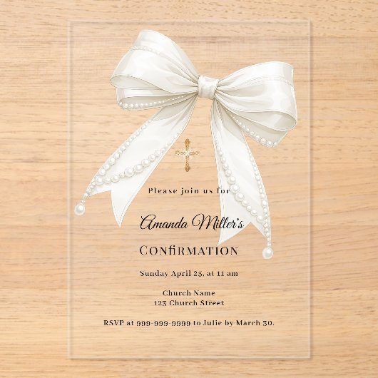 Bow ivory pearls girl elegant clear Confirmation Acryl Uitnodigingen (Voorkant)