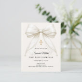 Bow ivory pearls girl First Communion invitation (Staand voorkant)