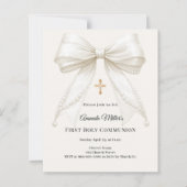 Bow ivory pearls girl First Communion invitation (Voorkant)