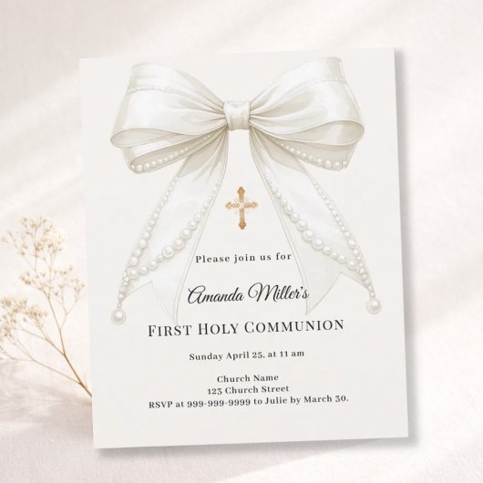 Bow ivory pearls girl First Communion invitation
