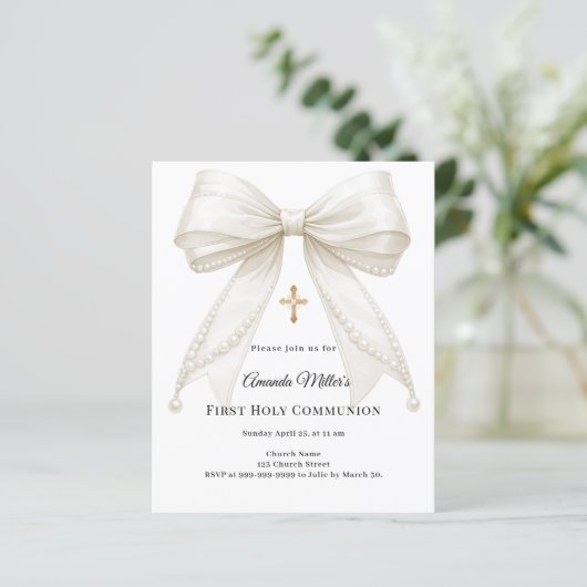 Bow ivory pearls girl First Communion invitation (Staand voorkant)