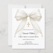 Bow ivory pearls girl First Communion invitation (Voorkant)