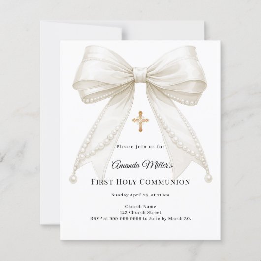 Bow ivory pearls girl First Communion invitation (Voorkant)