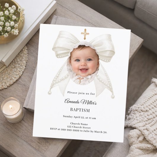 Bow Ivory Pearls Photo Girl Baptism invitation