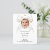 Bow Ivory Pearls Photo Girl Baptism invitation (Staand voorkant)
