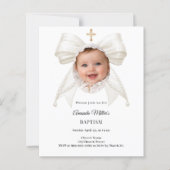 Bow Ivory Pearls Photo Girl Baptism invitation (Voorkant)