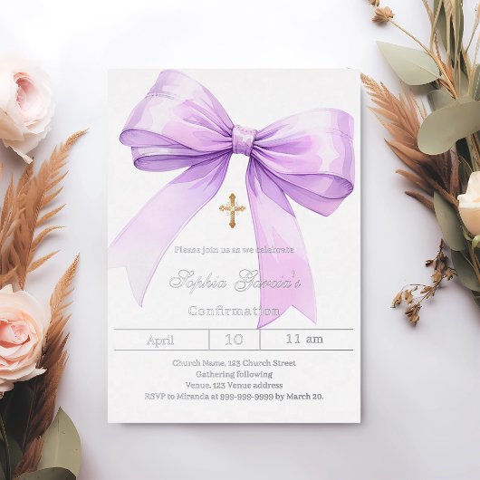 Bow lavender girl silver Confirmation Folie Uitnodiging