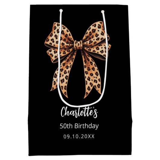 Bow luipaard print zwart Verjaardagsfeest Medium Cadeauzakje (Achterkant)
