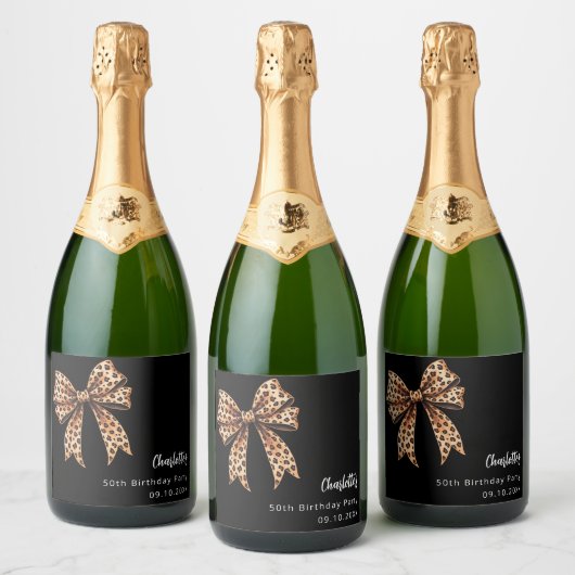 Bow luipaard print zwart Verjaardagsfeest Sparkling Wijnetiket (Flessen)