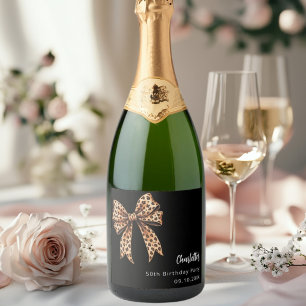 Bow luipaard print zwart Verjaardagsfeest Sparkling Wijnetiket