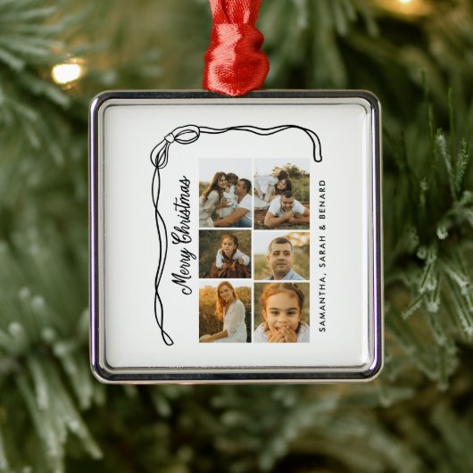Bow Merry Christmas Family 6 Photos Metalen Ornament (Boom)