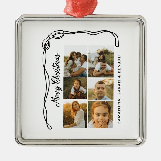 Bow Merry Christmas Family 6 Photos Metalen Ornament (Voorkant)