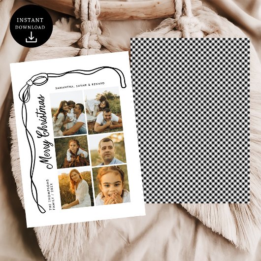 Bow Merry Christmas Family 6 Photos Plaid Feestdagenkaart