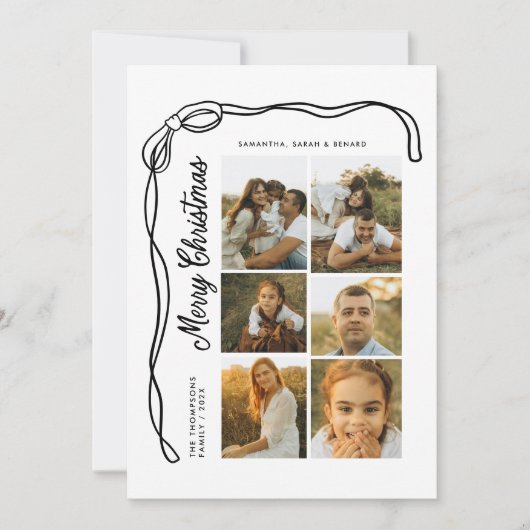 Bow Merry Christmas Family 6 Photos Plaid Feestdagenkaart (Voorkant)