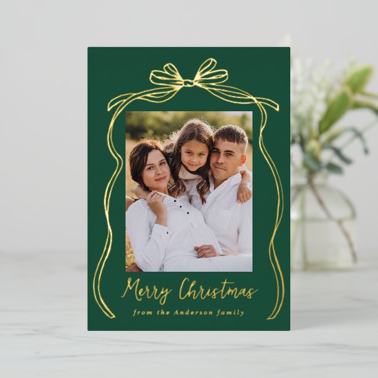  Bow Merry Christmas Green 2 Foto Folie Feestdagenkaart (Staand Voorkant)