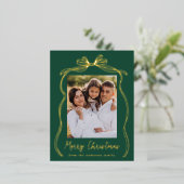 Bow Merry Christmas Green Foto Folie Feestdagen Briefkaart (Staand Voorkant)