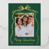 Bow Merry Christmas Green Foto Folie Feestdagen Briefkaart (Voorkant)