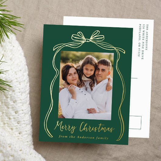 Bow Merry Christmas Green Foto Folie Feestdagen Briefkaart