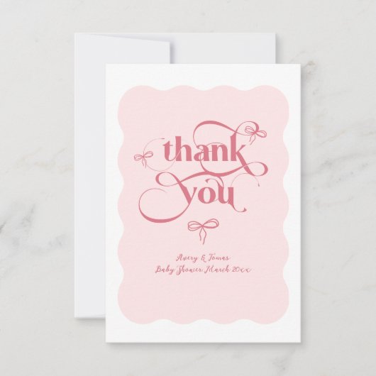 Bow Modern Minimalist Wavy Roze Meisje Baby shower Bedankkaart (Voorkant)