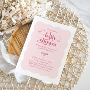 Bow Modern Minimalist Wavy Roze Meisje Baby shower Kaart