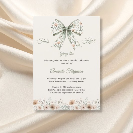 Bow neutral florals green ivory knot Bridal Shower Kaart