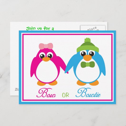 Bow of Bowtie Penguin Geslacht Onthulling Uitnodig Uitnodiging Briefkaart (Voorkant / Achterkant)