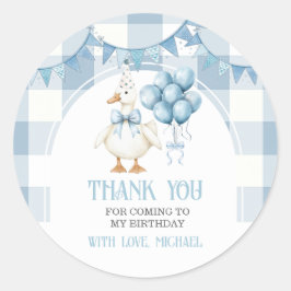 Bow One Silly Goose 1st Birthday Blue Gingham Ronde Sticker