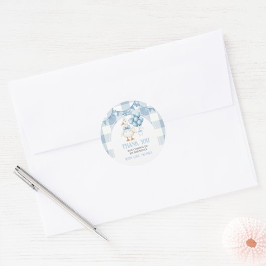 Bow One Silly Goose 1st Birthday Blue Gingham Ronde Sticker (Envelop)