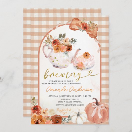 Bow orange pumpkin a baby is brewing Baby Shower Kaart (Voorkant / Achterkant)