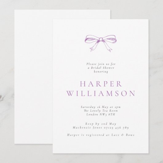  Bow Paarse Vrijgezellenfeest Kaart (Voorkant / Achterkant)