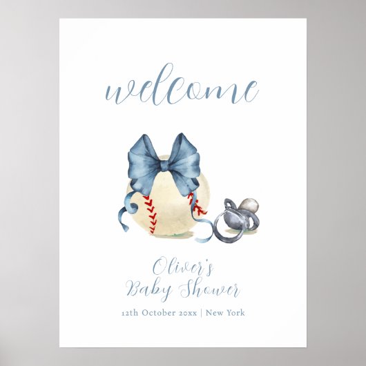 Bow Pacifier Baseball Sport Baby Shower Welcome  Poster (Voorkant)