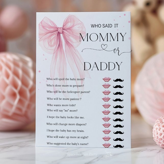 Bow Pink Baby shower Games personaliseren (Bow Pink Coquette games card, A delicate Bow Pink Coquette baby shower collection featuring soft pin)