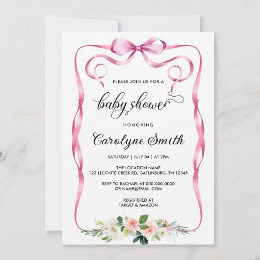 Bow Pink Baby shower Invitation Kaart (Voorkant)