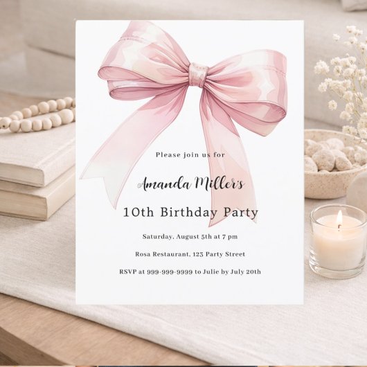 Bow pink coquette girl birthday invitation